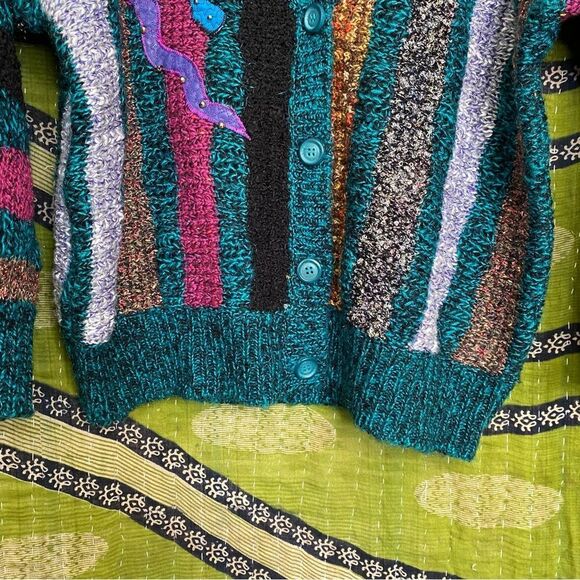 Unique Vintage Jaclyn Smith Embroidered Patchwork Teal Sweater Size Large - Picture 5 of 12